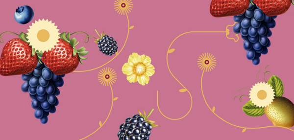 Fruit and floral design on a pink background