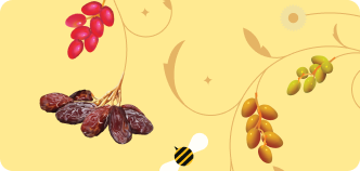 Illustration of dates and a bee on a yellow background with floral elements