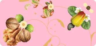 Decorative card with acorns, leaves, and flowers on a pink background