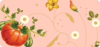 Decorative design with pumpkins, flowers, and leaves on a pink background