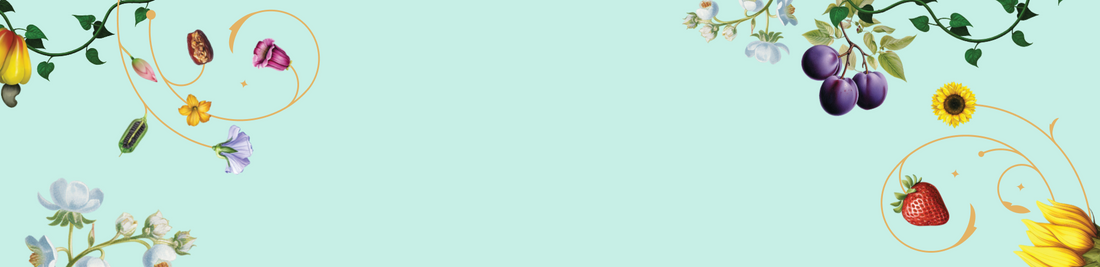 Decorative banner with flowers, fruits, and insects on a light blue background