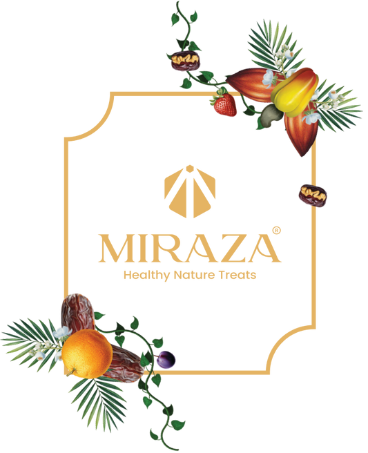 Miraza logo with healthy nature treats text and fruit illustrations on a white background